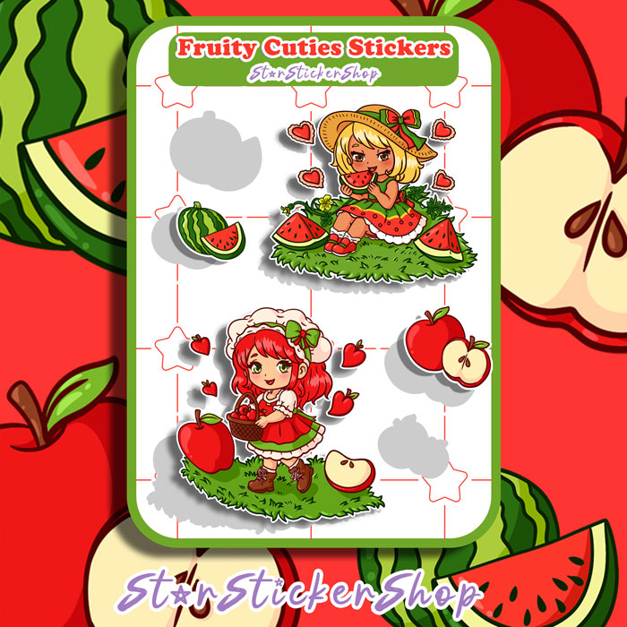 StarStickerShop original apple and watermelon sticker sheet with two main character stickers and small fruit accent stickers.